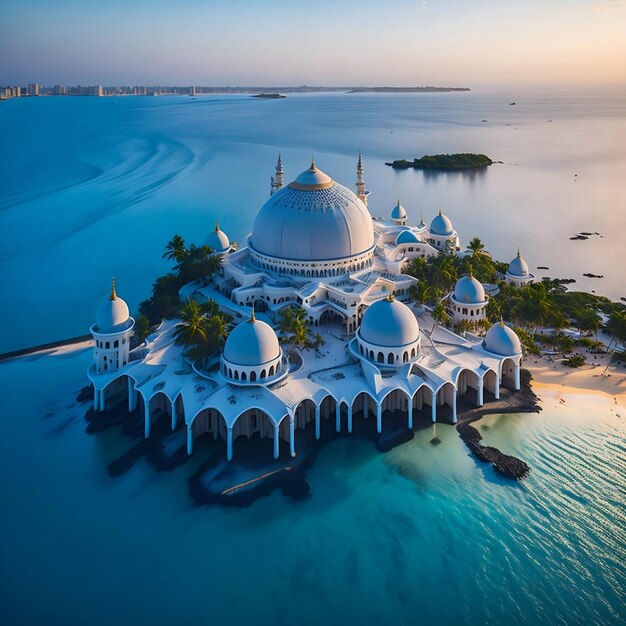 Luftfoto der majestätischen moslemischen Moschee auf der Oberfläche eines kristallklaren Meeres