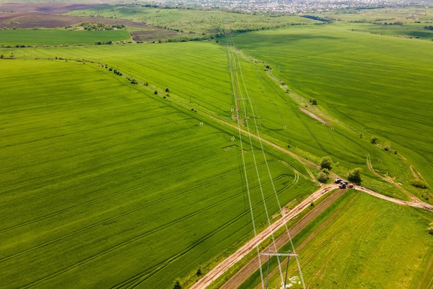 Luftlandschaftsansicht von grünen kultivierten landwirtschaftlichen Feldern mit wachsenden Pflanzen