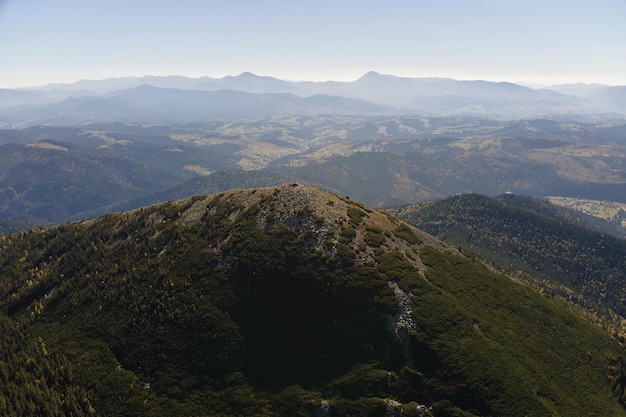 Luftlandschaftsblick auf hohe Gipfel mit dunklen Kiefernwaldbäumen in wilden Bergen