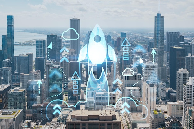 Luftpanorama der Innenstadt von Chicago und Lake Day Time Illinois USA Wolkenkratzer aus der Vogelperspektive Startup-Unternehmen starten Projekt zur Suche und Entwicklung eines skalierbaren Geschäftsmodell-Hologramms