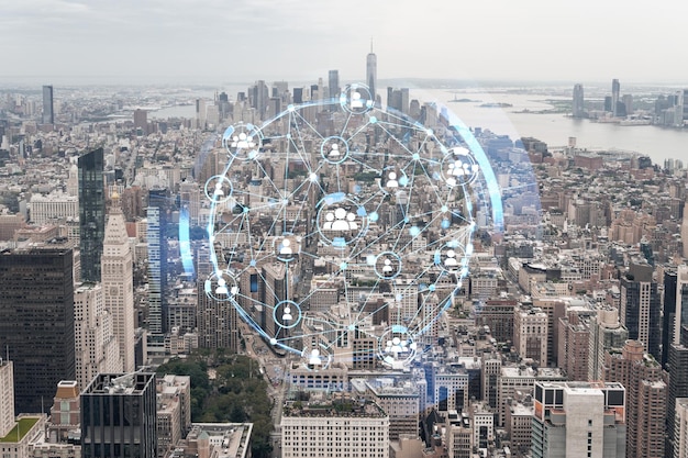 Luftpanoramablick auf die Stadt Lower Manhattan Midtown Downtown Financial District West Side zur Tageszeit NYC USA Hologramm für soziale Medien Konzept der Vernetzung und des Aufbaus neuer Verbindungen
