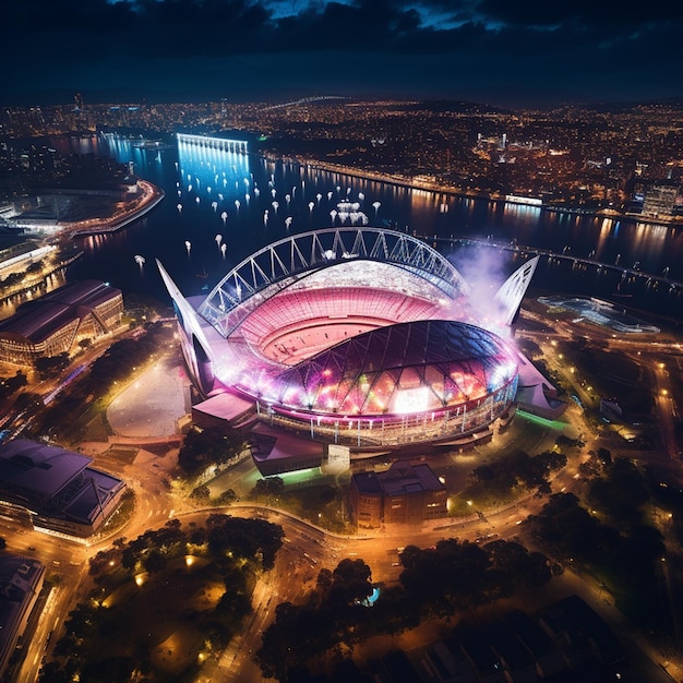 Luftperspektive, die das Stadion als Wahrzeichen bei einem besonderen Anlass präsentiert, mit faszinierendem Feuerwerk, das den Nachthimmel beleuchtet Generative KI