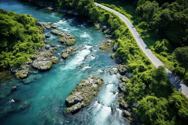 Luftperspektive Fluss und Bergstraße von oben Generative KI