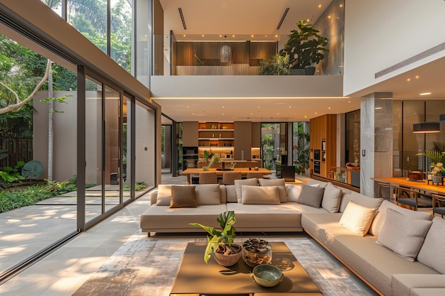 Luftreiches, modernes Interieur mit minimalistischem Design, reichlich Sitzgelegenheiten und erfrischender Aussicht auf den Garten AI Genera