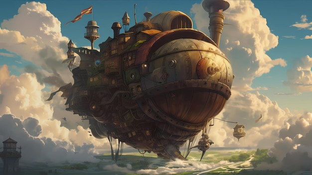 Luftschiff im Steampunk-Stil, das durch die generative KI der digitalen Kunstillustration der Wolke fliegt