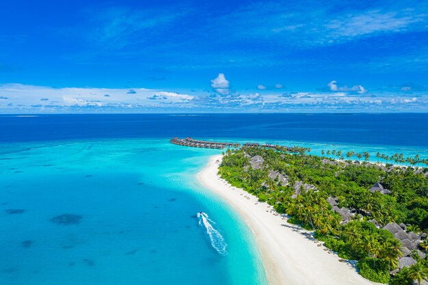 Luftstrandszene der Malediven-Insel. Weißer Sand, klare Meereslagune, Palmen. Luxusreise Urlaub