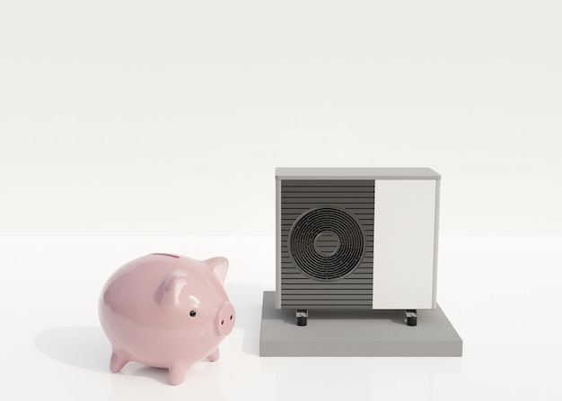 Luftwärmepumpe und Sparschwein auf weißem Hintergrund Moderne umweltfreundliche Heizung Sparen Sie Ihr Geld mit Luftwärmepumpe Freier Platz für Ihre Textwerbung 3D-Rendering