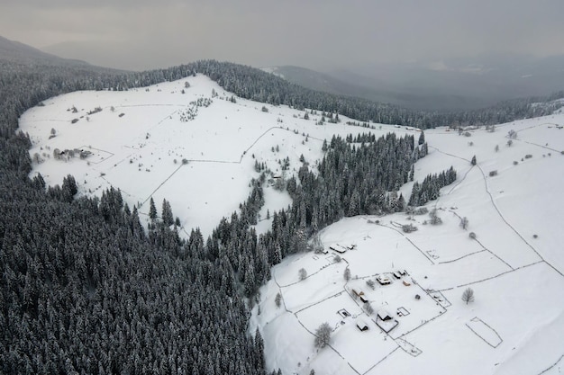 Luftwinterlandschaft mit kleinen ländlichen Häusern zwischen schneebedeckten Wäldern in kalten Bergen.