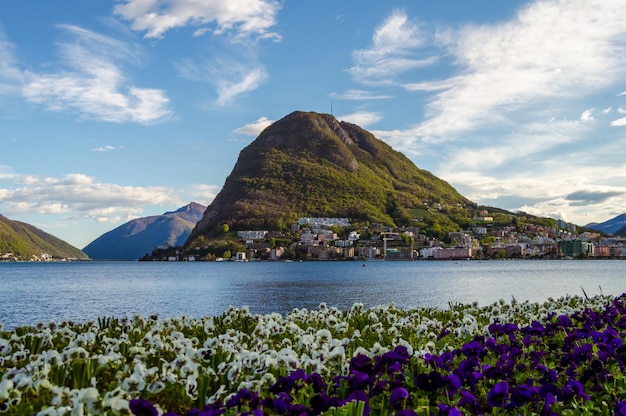 Lugano-See und Blumen mit Blick auf einen Hügel Der Lugano-See ist ein Gletschersee, der an der Grenze zwischen der Südschweiz und Norditalien liegt.