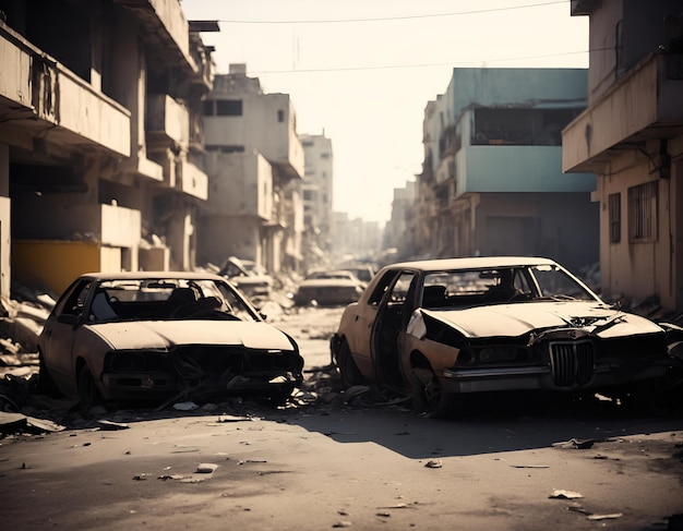 Foto lugar abandonado apocalíptico ciudad en ruinas edificios destruidos vehículos rotos generativo ai