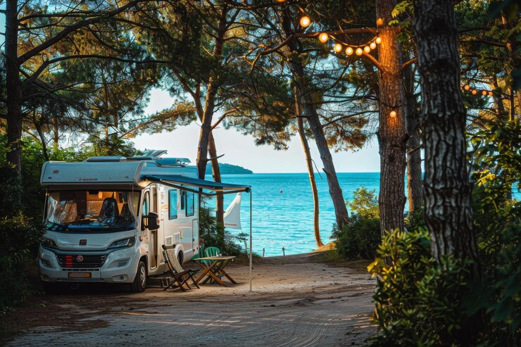 Un lugar para acampar en una caravana junto a la playa al anochecer con luces de cuerda y vistas tranquilas al mar