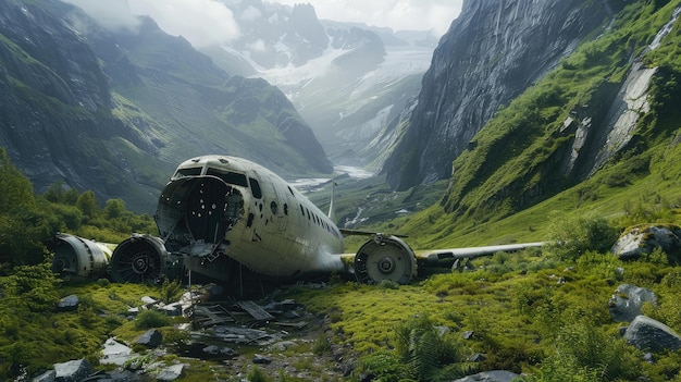 Foto el lugar del accidente de un avión de pasajeros en las montañas en la cima de una montaña una tragedia