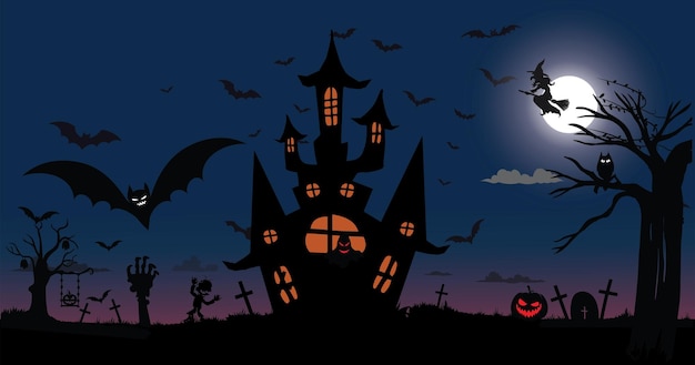 Lugar assustador com castelo no cemitério bruxa na lua e morcegos ilustração de fundo de halloween