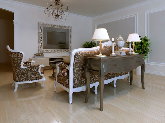 Lugar clásico de encuentro con muebles estampados en colores beige y marrón con marco blanco