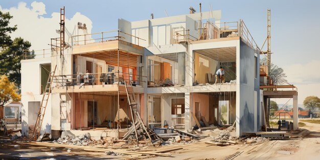 Lugar de construcción con casa en construcción