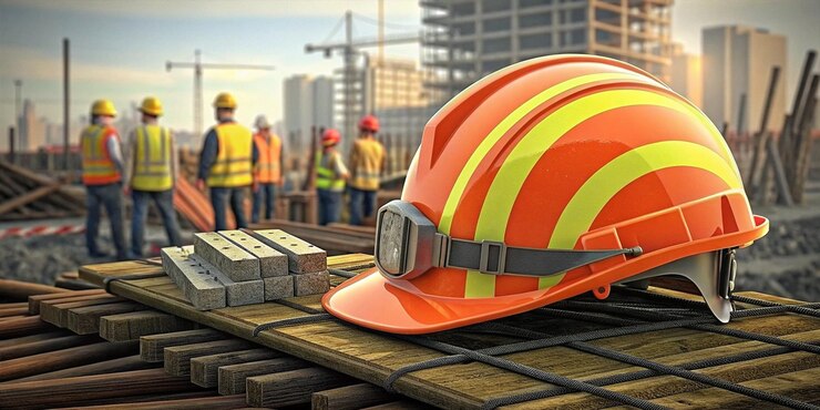 Lugar de construcción con casco de seguridad y trabajadores