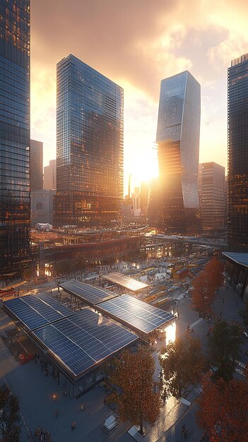 Lugar de construcción de la ciudad con instalación de paneles solares