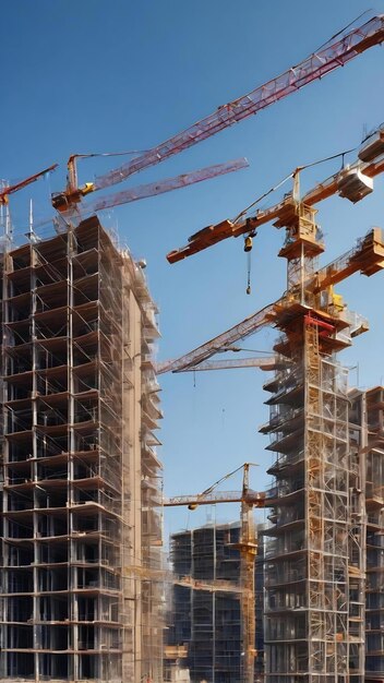 Lugar de construcción con grúas contra el cielo azul