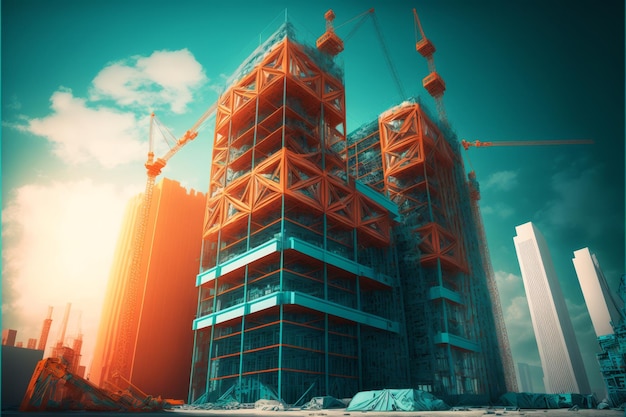 Lugar de construcción con grúas que construyen un rascacielos moderno al atardecer