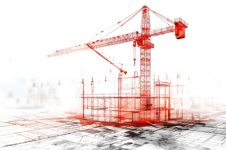 Lugar de construcción moderno con grúa y superposición de planos arquitectónicos