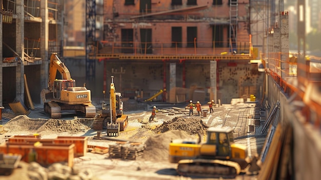 Lugar de construcción con trabajadores y maquinaria en progreso