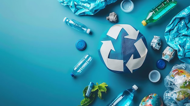 Lugar de copia Lámara de reciclaje y basura rodeada de adornos de plástico con fondo azul Día Internacional sin Plástico