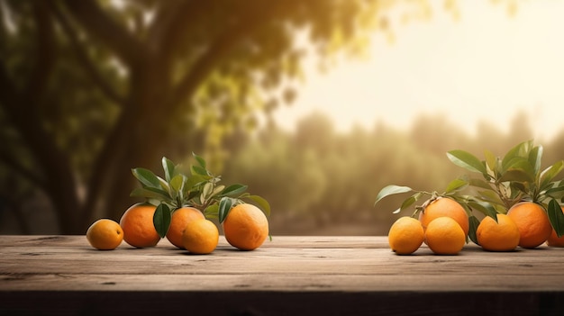 Lugar de mesa de madeira de espaço livre para sua decoração e laranjeiras com frutas à luz do sol Generative Ai