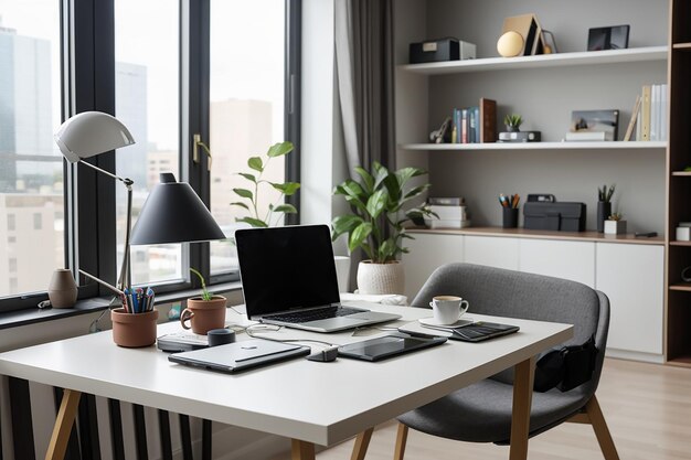 Lugar de trabalho com laptop na mesa numa sala moderna