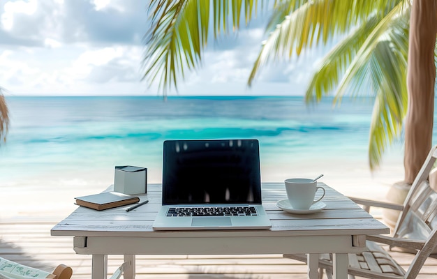 lugar de trabalho com laptop prateado em mesa de madeira sobre um belo fundo tropical de verão à beira-mar