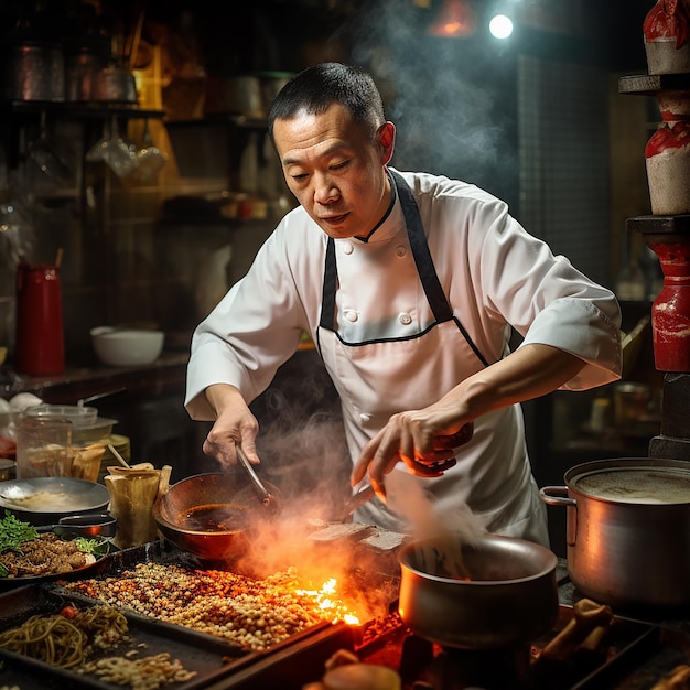 Lugar de trabalho de chef profissional na cozinha de um restaurante Vista de perto de um homem mexendo sopa à mão