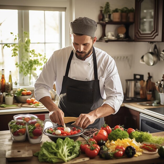 Lugar de trabalho de chef profissional na cozinha de um restaurante Vista de perto de um homem mexendo sopa à mão