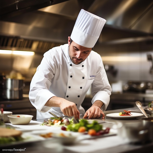 Foto lugar de trabalho de chef profissional na cozinha de um restaurante vista de perto de um homem mexendo sopa à mão