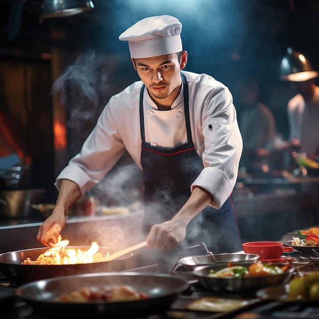 Lugar de trabalho de chef profissional na cozinha de um restaurante Vista de perto de um homem mexendo sopa à mão