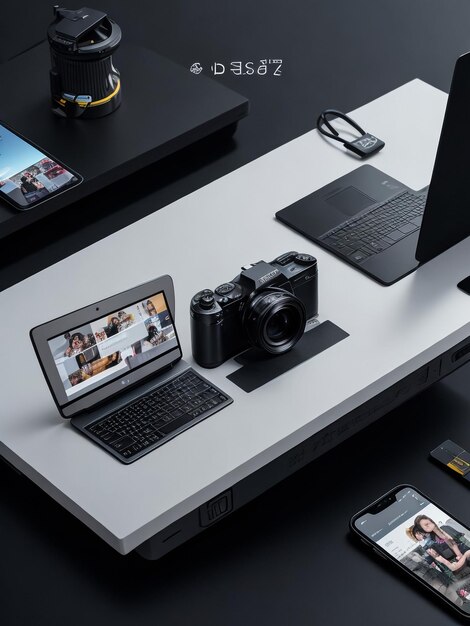 Foto lugar de trabalho do fotógrafo em um fundo branco laptop moderno lente de câmera digital bateria smartp