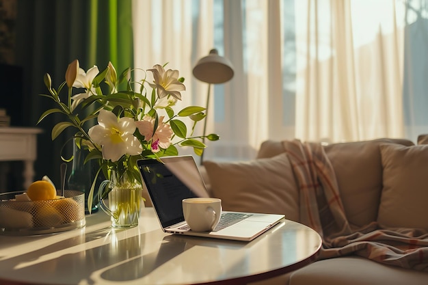 Lugar de trabalho em casa com laptop, xícara de bebida quente e brunch em flor em vaso com café.