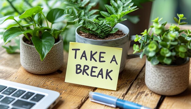 Lugar de trabalho mesa de escritório com nota adesiva texto Tome uma pausa conceito para relaxar alegria de vida