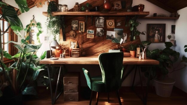 Foto lugar de trabalho moderno com um laptop em uma sala decorada com plantas verdes em vasos ai gerativa aig27