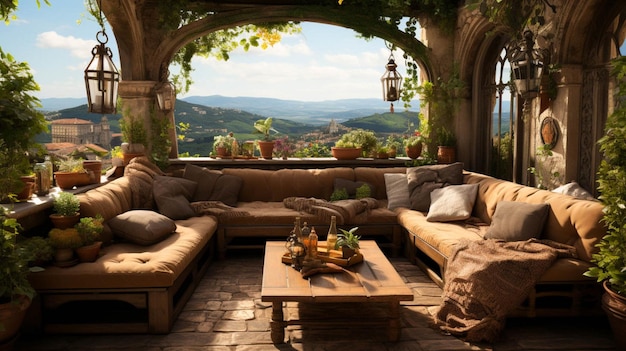 Lugar de descanso con vista completa en la terraza de un edificio.