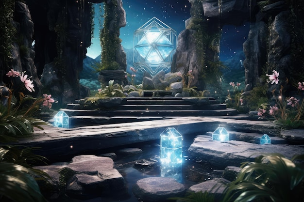 Lugar esotérico en el bosque con Templo Zen para meditación con cristales y piedras semipreciosas AI Generativa