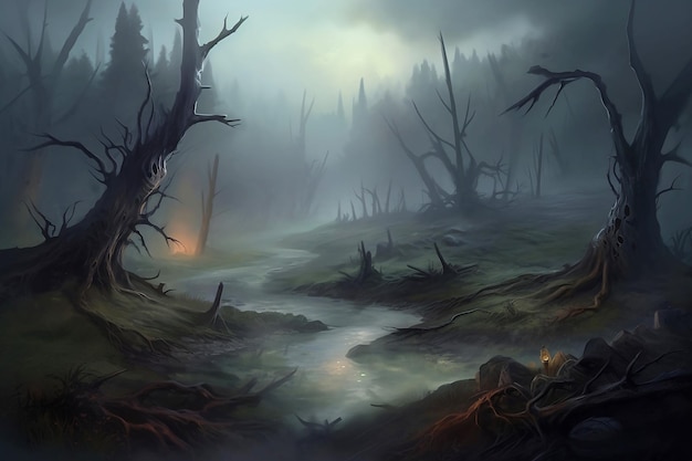 Lugar oscuro y aterrador con árboles desnudos en la niebla.