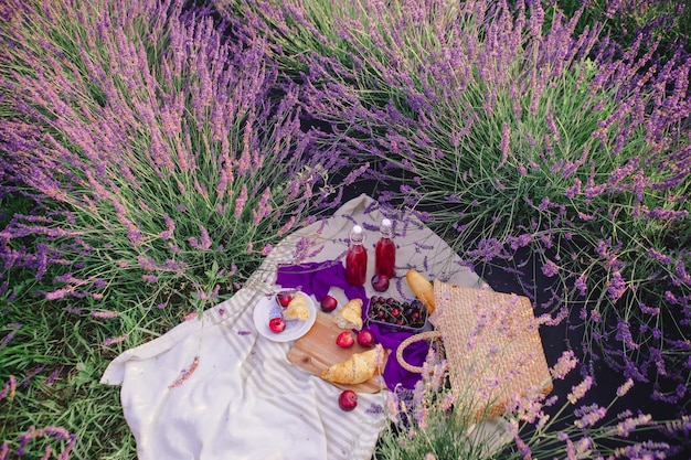 Lugar de picnic romántico en el espacio de copia del campo de lavanda