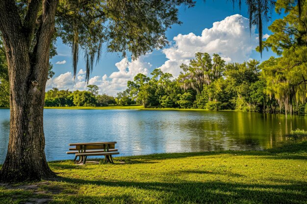 Un lugar de picnic tranquilo junto a un lago tranquilo.