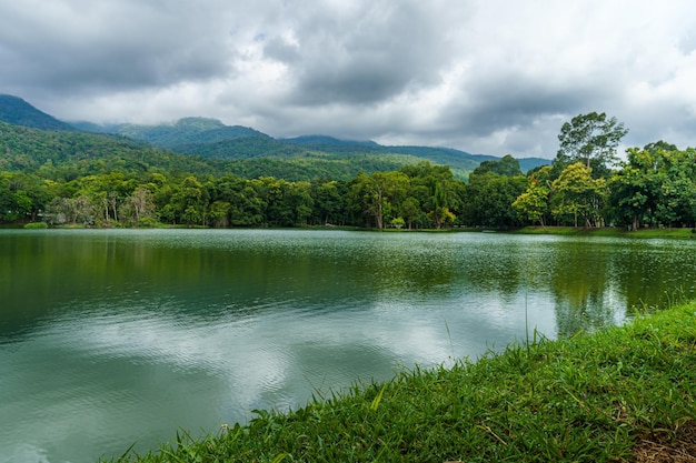 Un lugar público, viajes de ocio, paisajes, vistas al lago en la Universidad Ang Kaew Chiang Mai y el bosque natural Doi Suthep. Vistas a la montaña. Fondo de cielo nublado de primavera con nubes blancas.