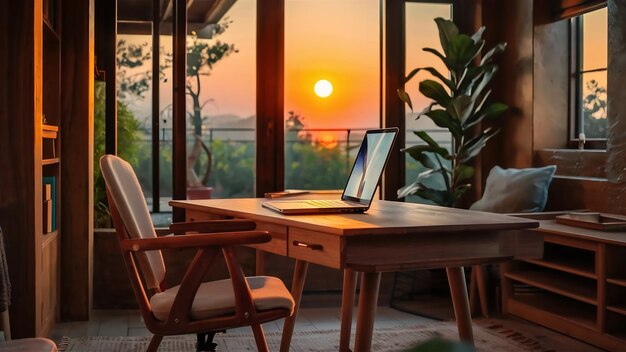 Lugar de trabajo acogedor en la oficina de casa con computadora portátil en la mesa contra las ventanas al atardecer para negocios en línea