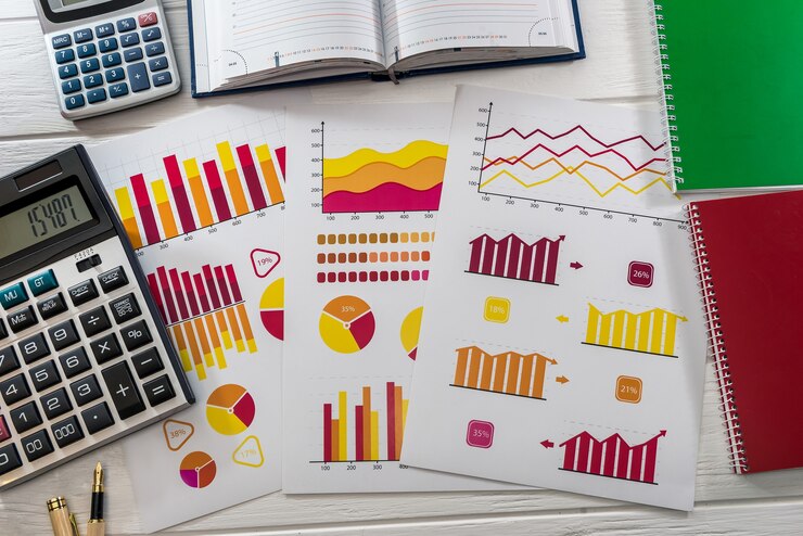 Foto lugar de trabajo del analista de negocios con gráficos, calculadora y computadora portátil