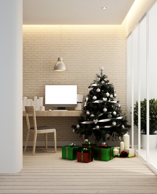 Lugar de trabajo y árbol de navidad en apartamento o casa.