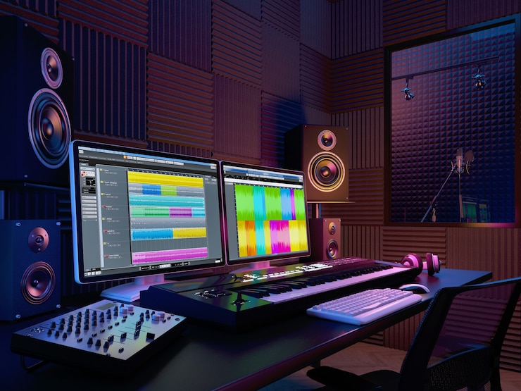 Foto lugar de trabajo de audio, estudio de grabación