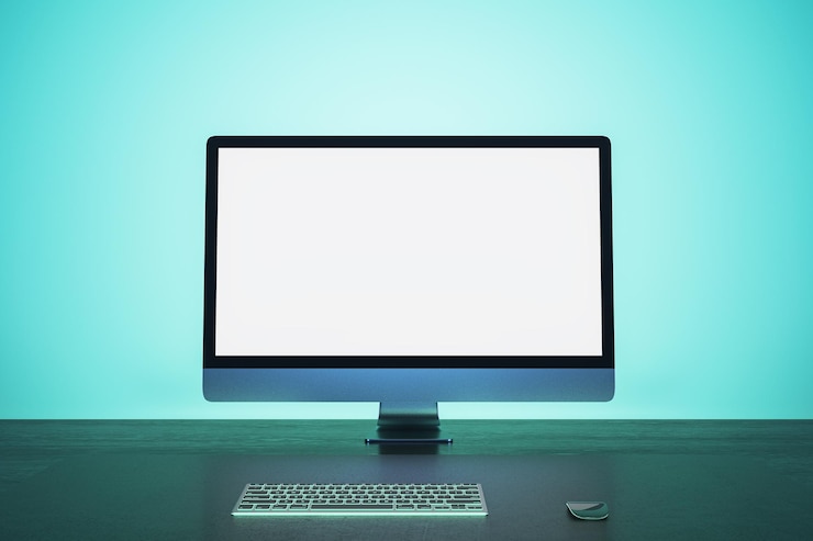 Foto lugar de trabajo azul abstracto con pantalla de computadora simulada blanca vacía representación 3d del concepto de oficina