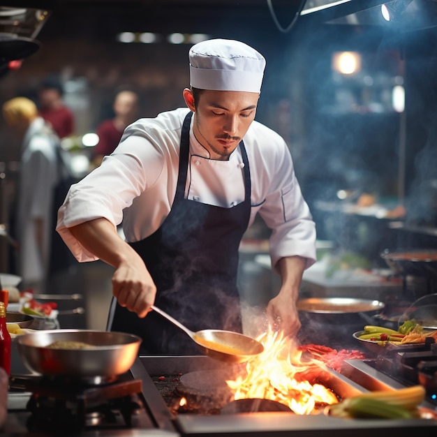 Lugar de trabajo de un chef profesional en la cocina de un restaurante Vista de cerca de un hombre moviendo la sopa con la mano