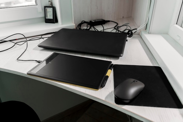Foto lugar de trabajo cómodo para un diseñador gráfico independiente o un retocador con una tableta gráfica